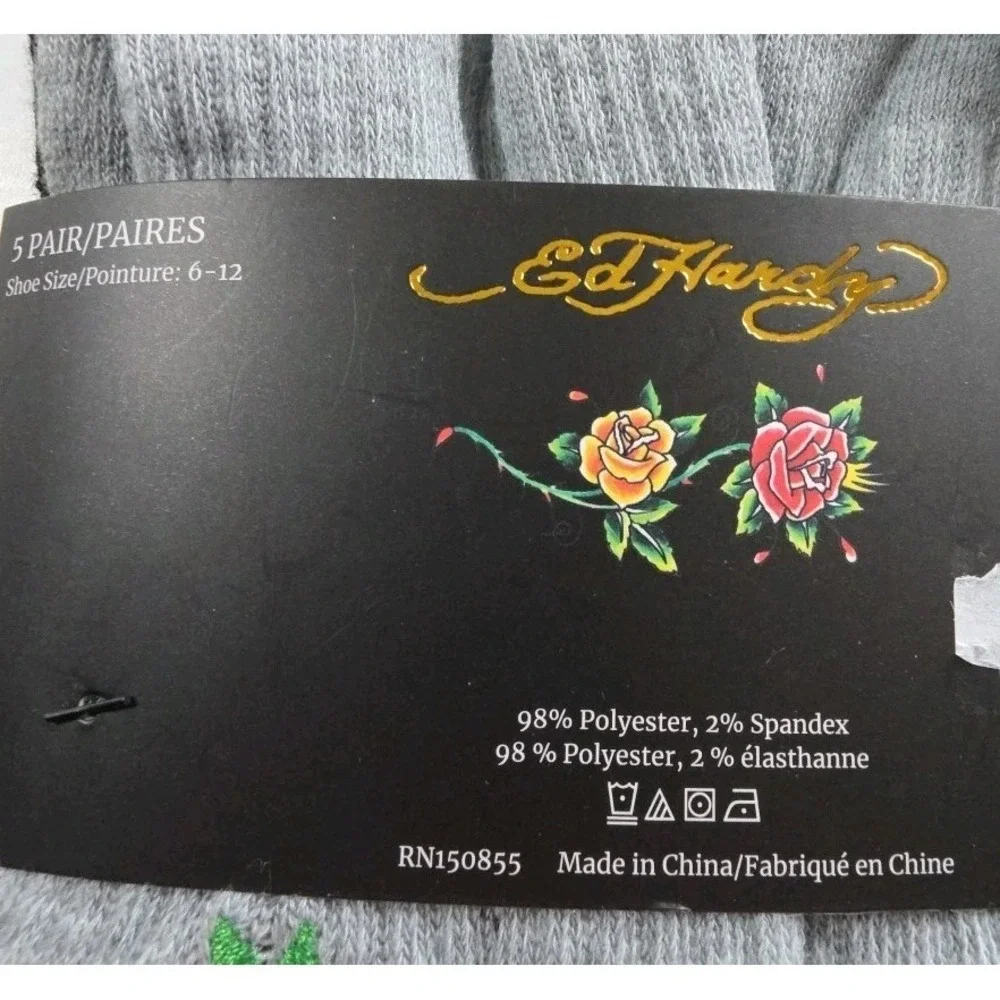 Ed Hardy Mens 5 Pairs Pack  Cushioned Crew Black Gray Green  Socks Shoe 6-12 New